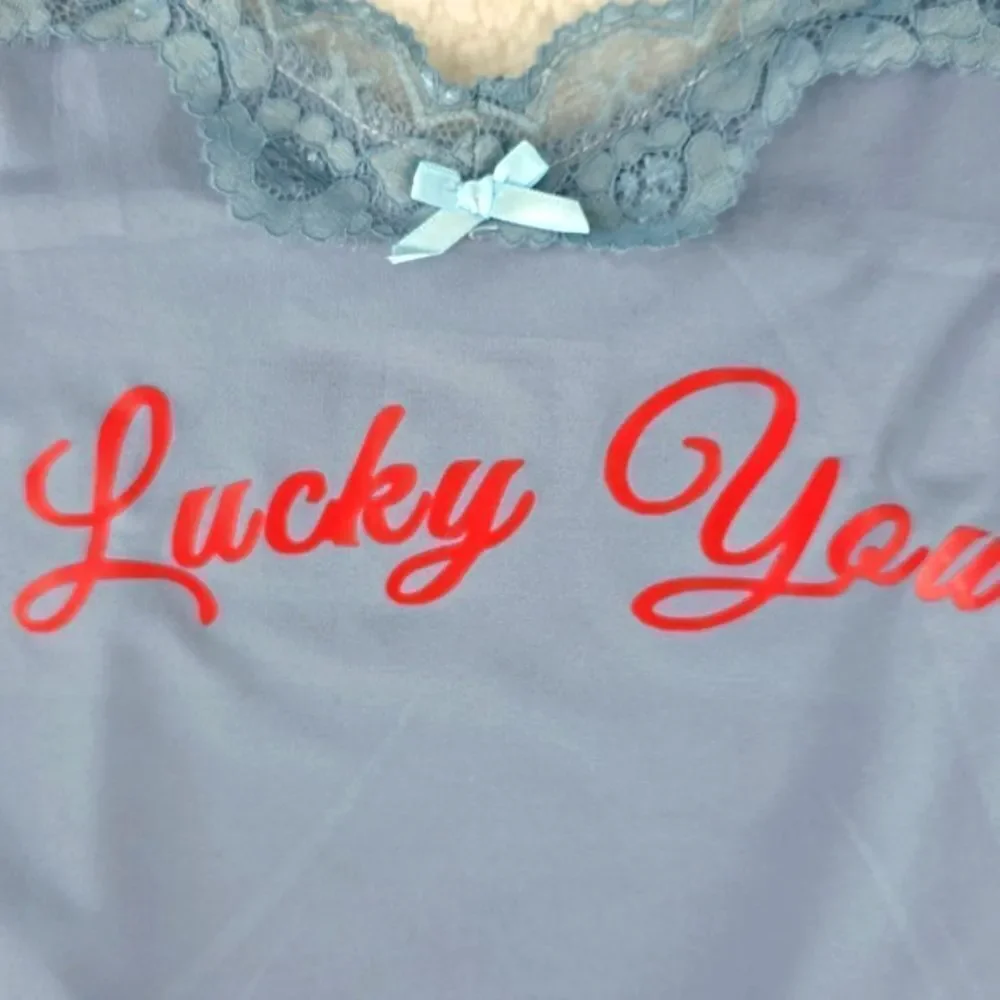 Virghoes Powder Blue Lacy Cami with red text printed Lucky You